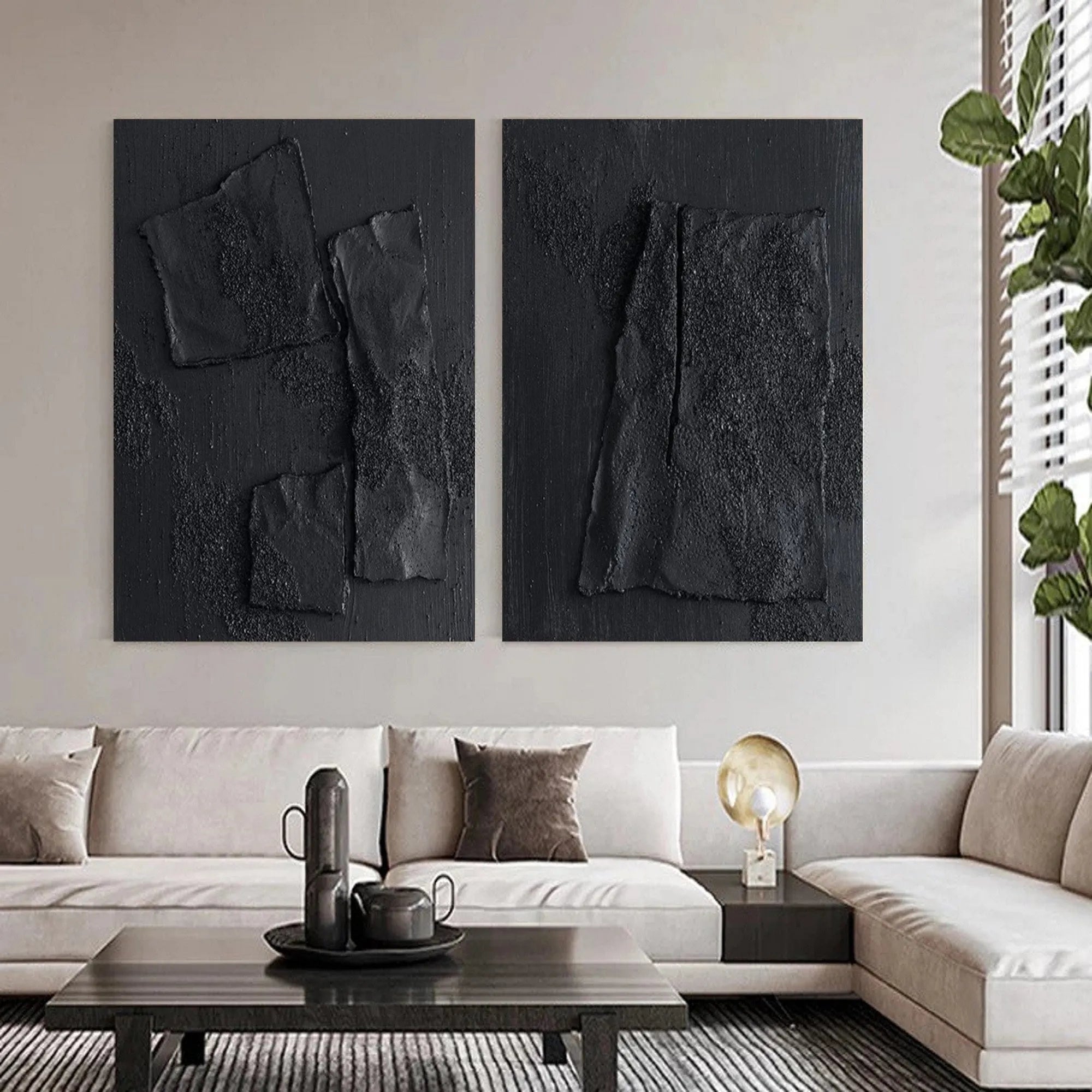 Black Minimalist Textured Canvas Set of 2 #MT066