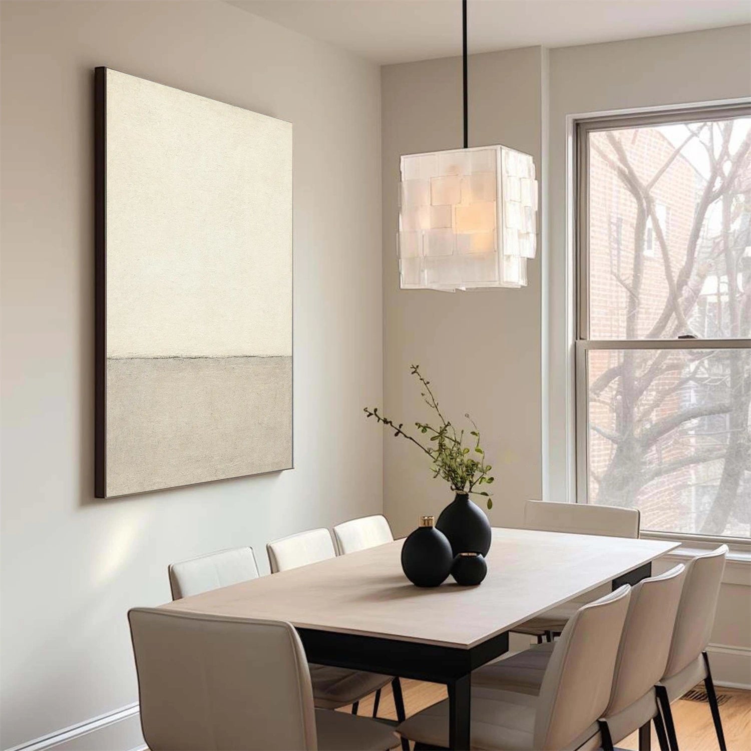 Beige minimalist canvas art in a warm neutral entryway from Wonder Artwork