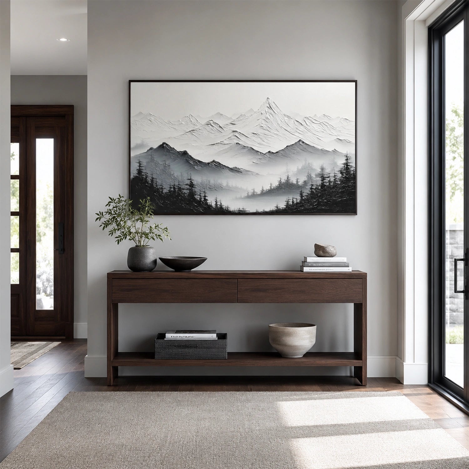 Black and White Minimalist Mountain Textured Canvas Art #MO073