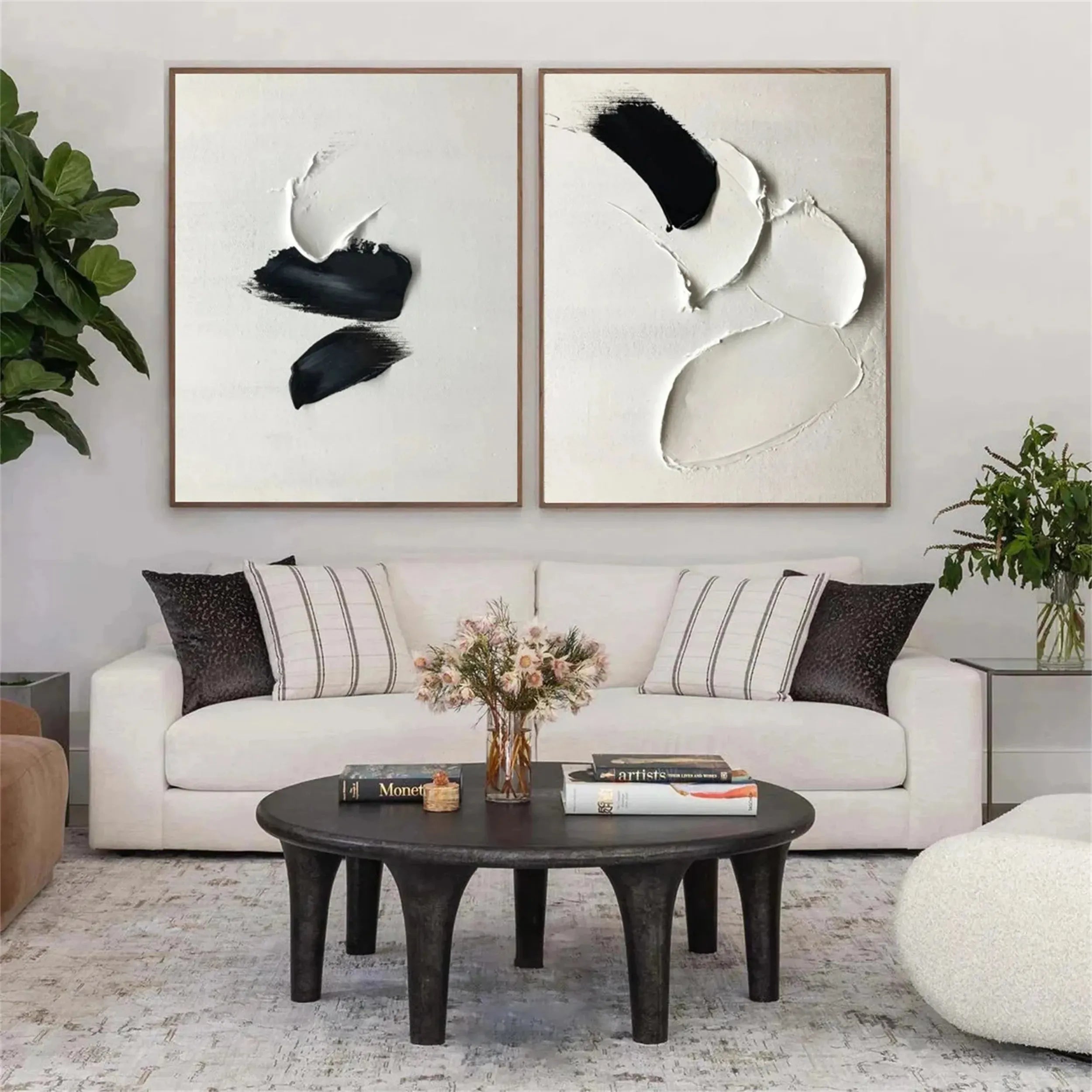 White and Black Minimalist Textured Canvas Set of 2 #MT049