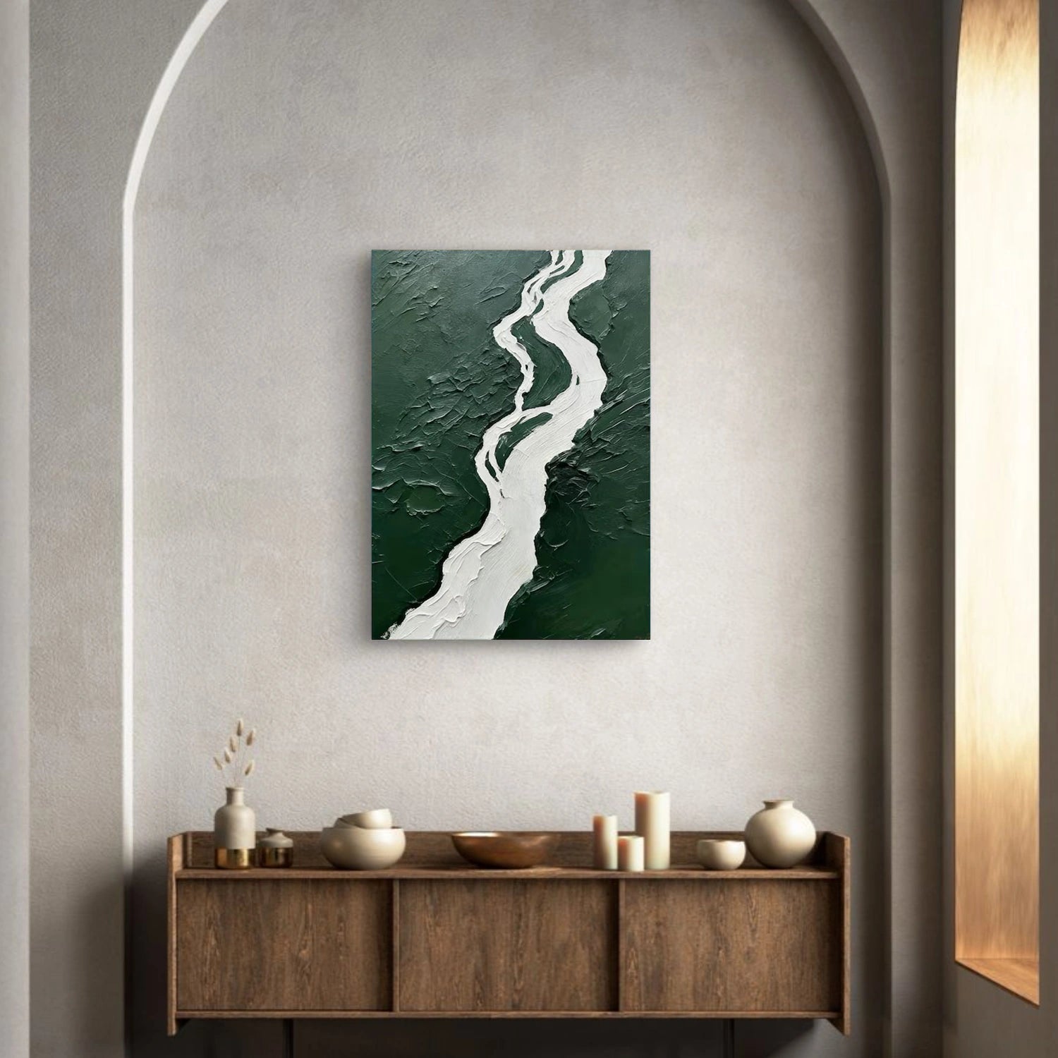 White and Green Minimalist Textured Canvas Art #MT162