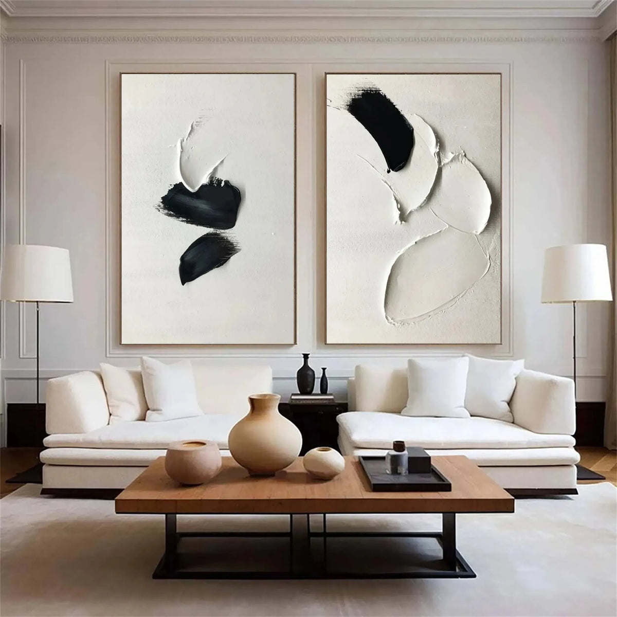 Wide two-piece black and white canvas arrangement for above a sectional by Wonder Artwork
