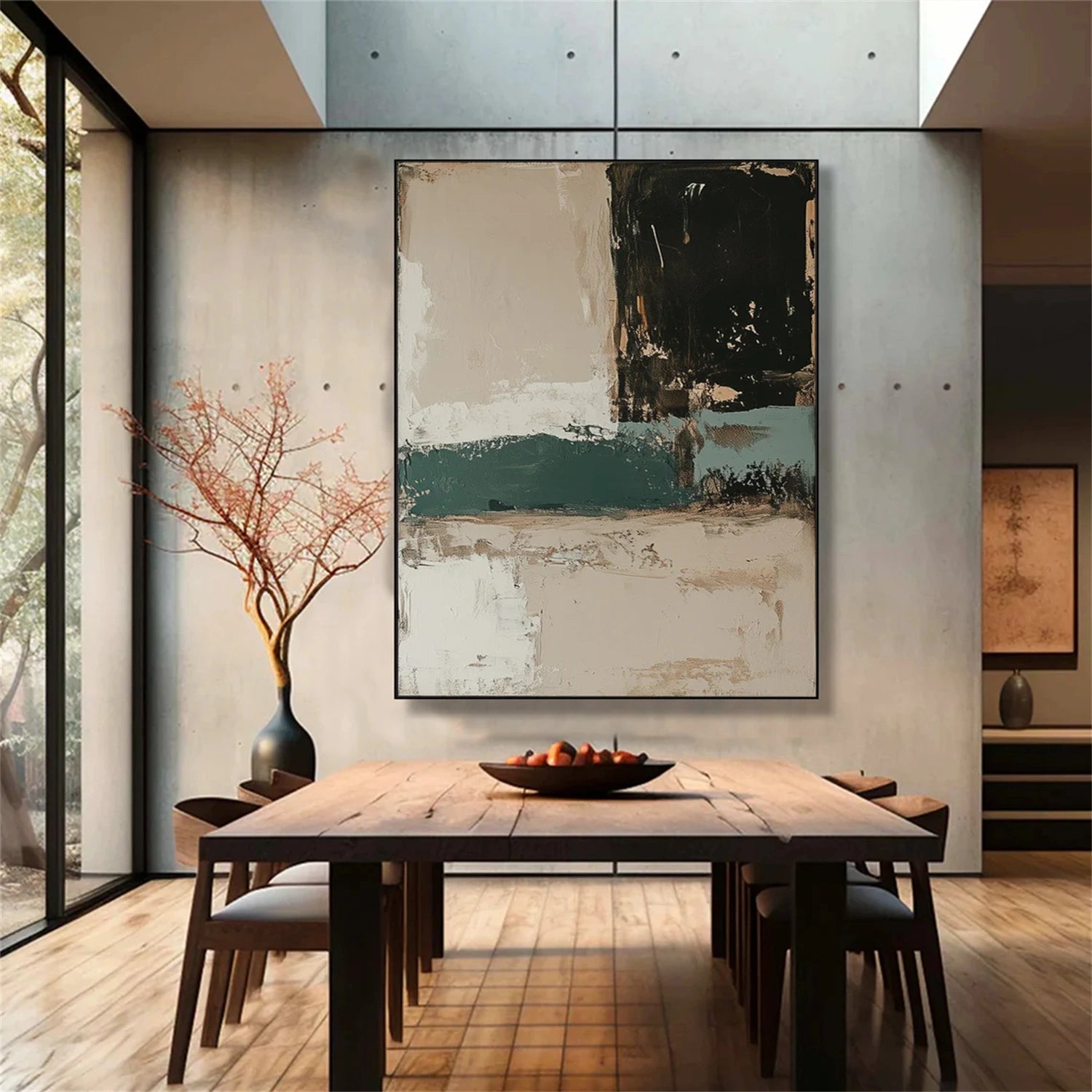Wabi sabi canvas art in a quiet dining room with natural wood and concrete textures