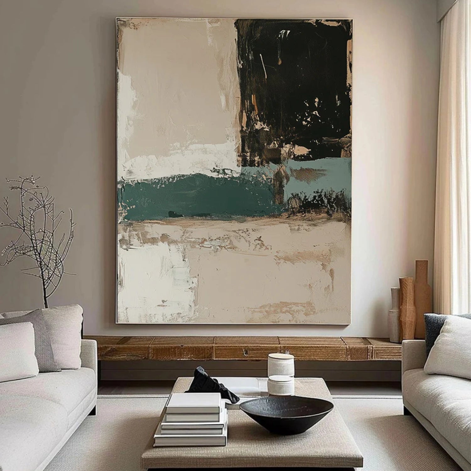 Large wabi sabi abstract canvas art in a calm modern interior