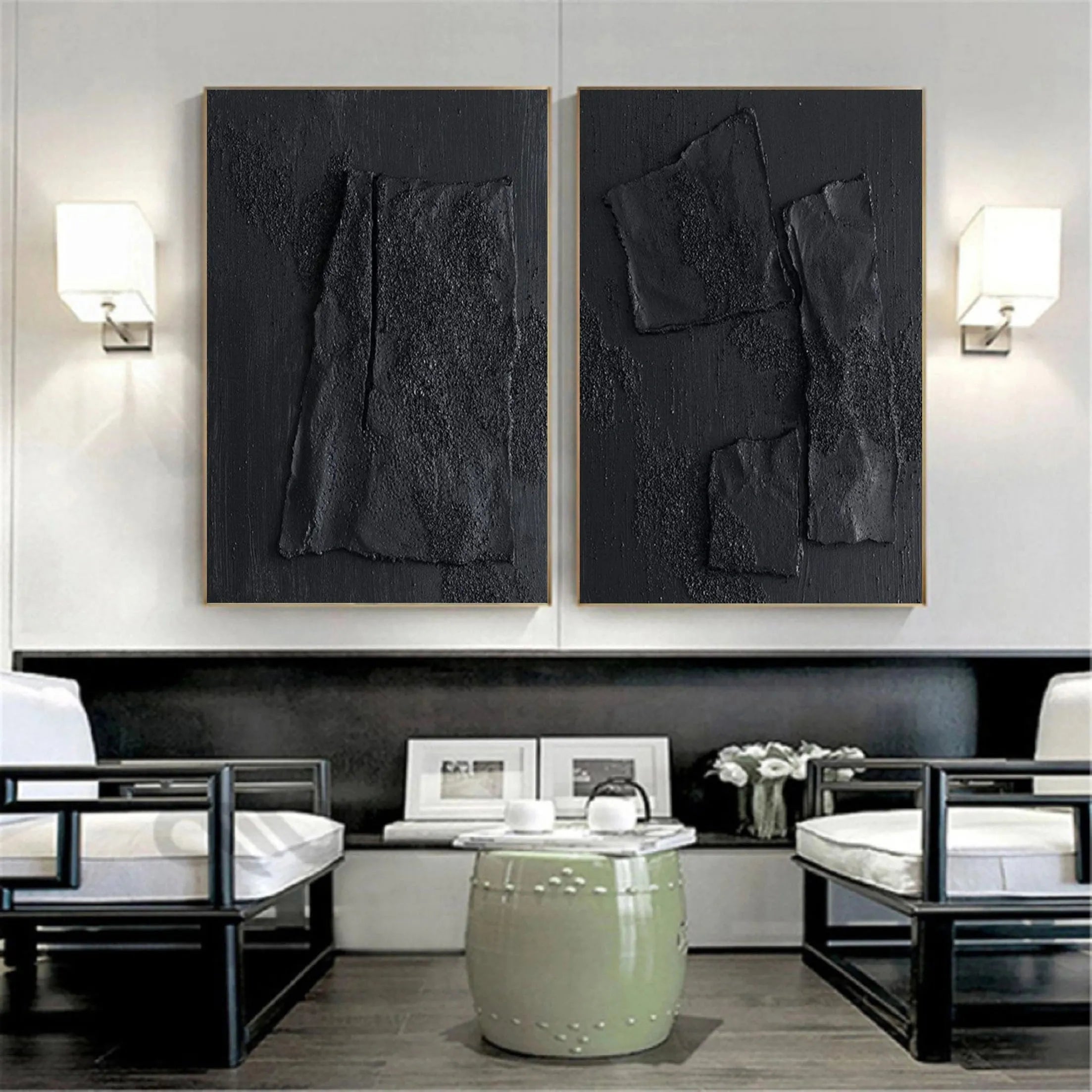 Black Minimalist Textured Canvas Set of 2 #MT066