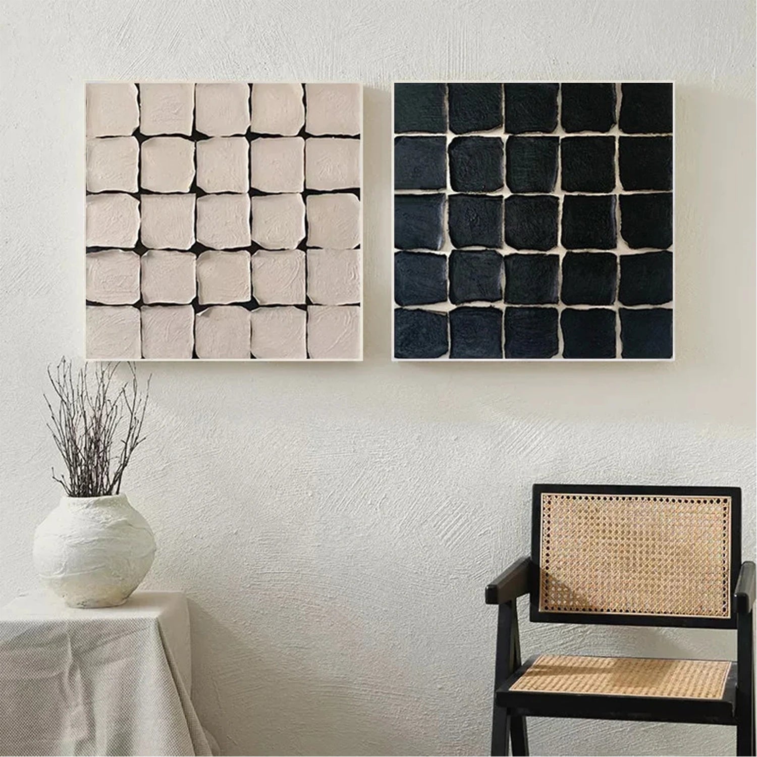 Black and White Wabi Sabi Textured Canvas Art Set of 2 #WS061